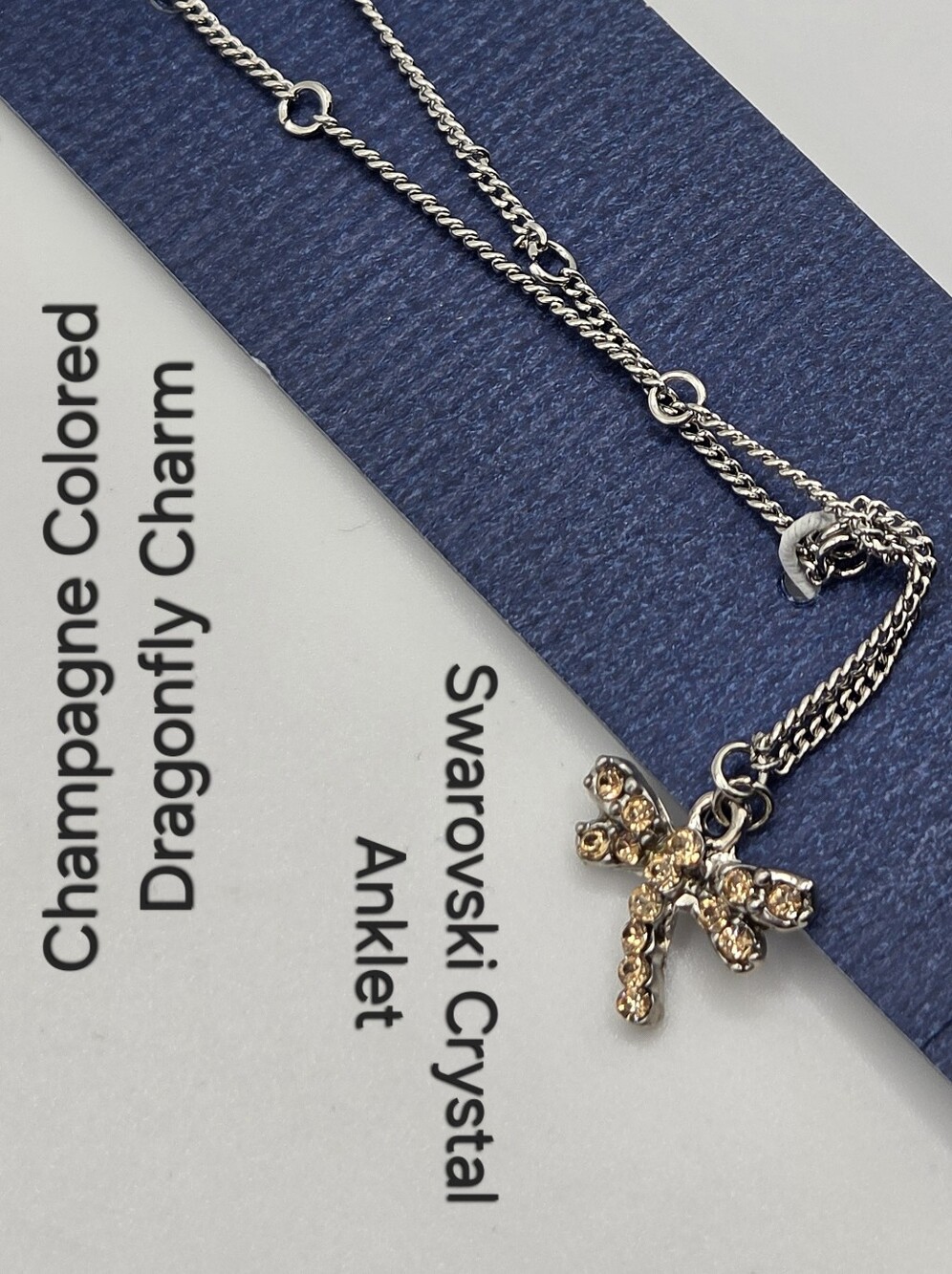 Crystal Anklet Swarovski Elements Champagne Dragonfly Charm Silver Tone NWT